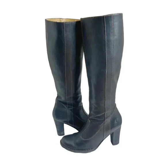 Frye Villager Pull On Boot Black Leather Boot Exposed Stitching Heeled Size 8.5